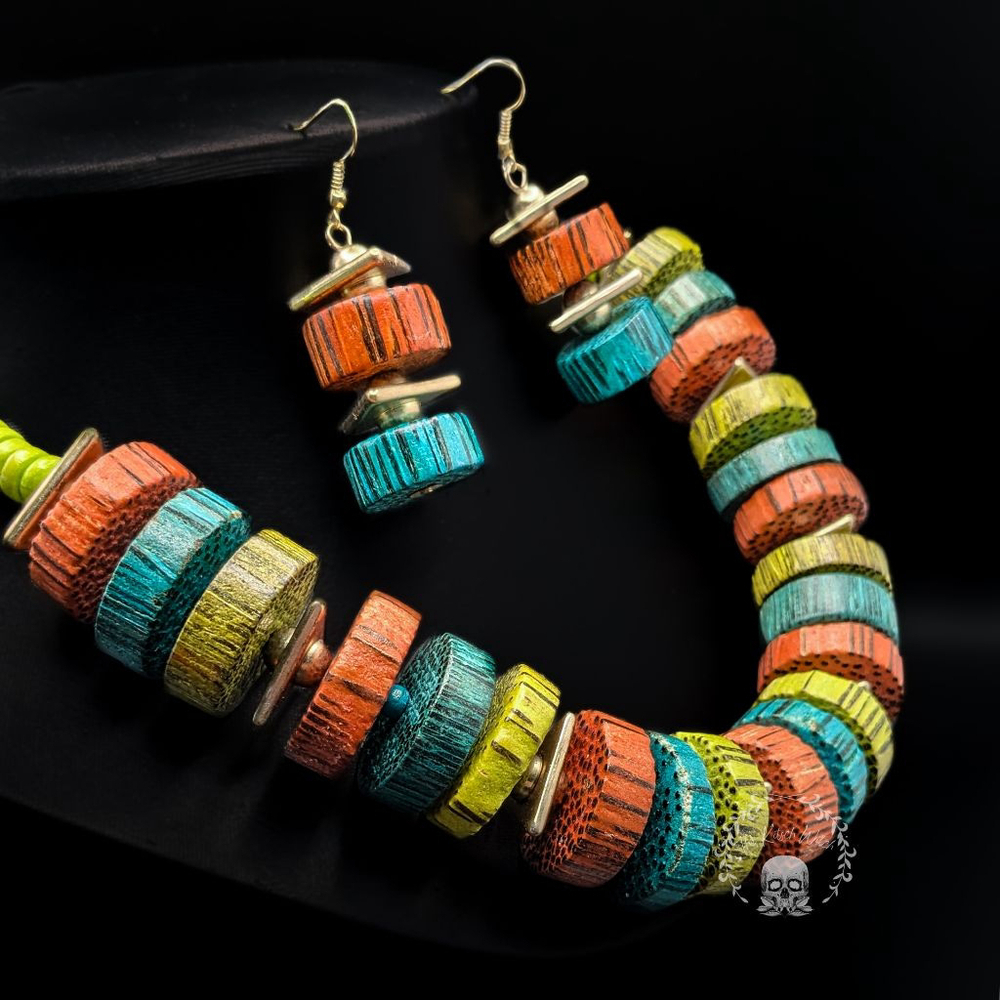 Chunky Wooden Multicolor Statement Necklace Set with Geometric Goldtoned Accents